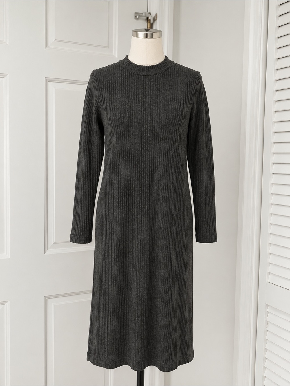Velvet Charcoal Ribbed Long Sleeve Knit Dress